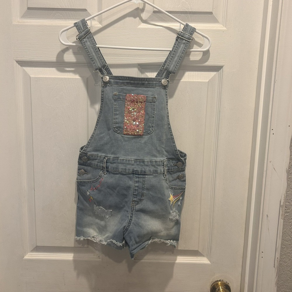 Jordache Girls Light Wash Denim‎ Shortalls Sequin Star Distressed Size L 10-12